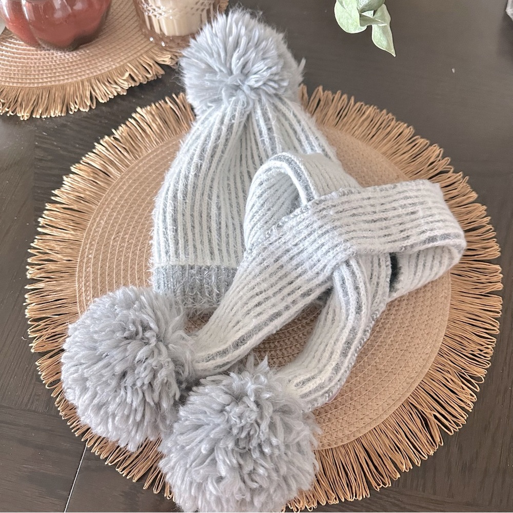 BCBG girls hat and scarf set, gray and white striped with fuzzy pompom one size
